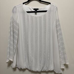 Alfani Women's 16 Rhinestone Studded Blouson Top White Flare Long Sleeves EUC